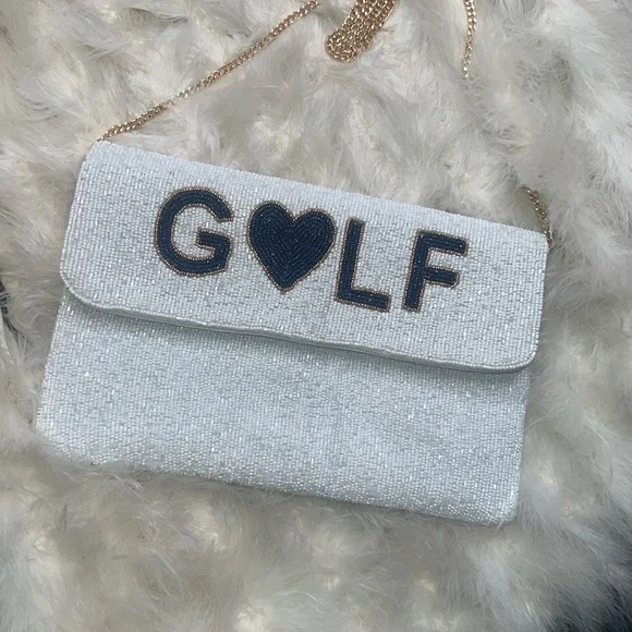 GOLF WIFEY New White & Blue Beaded Clutch Golfers Resort Country Club Vacation - Picture 13 of 16